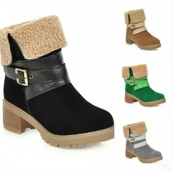 

Snow Winter Round Toe Women's Fleece Lined Ankle Boots Cuban Heel Pull On Shoes