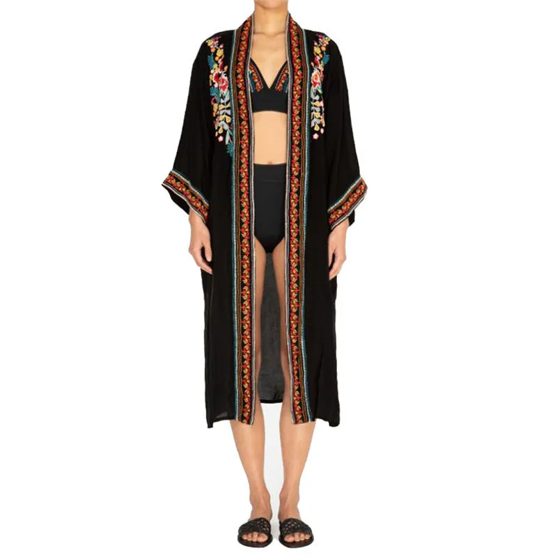 Embroidery Kaftan Beach Tunic Cotton Beach Cover up Saida de Praia Swimsuit Women Bikini cover up Pareo Sarong Beachwear#Q940