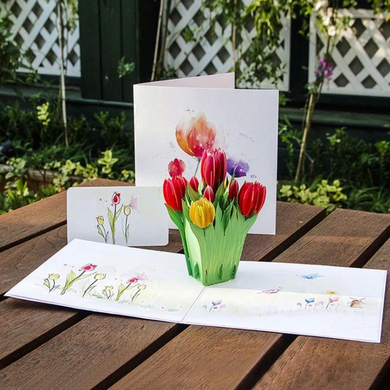  3D Pop Up Tulips Flowers Greeting Card Christmas Birthday New Year Invitation 72XF - 4000389106720