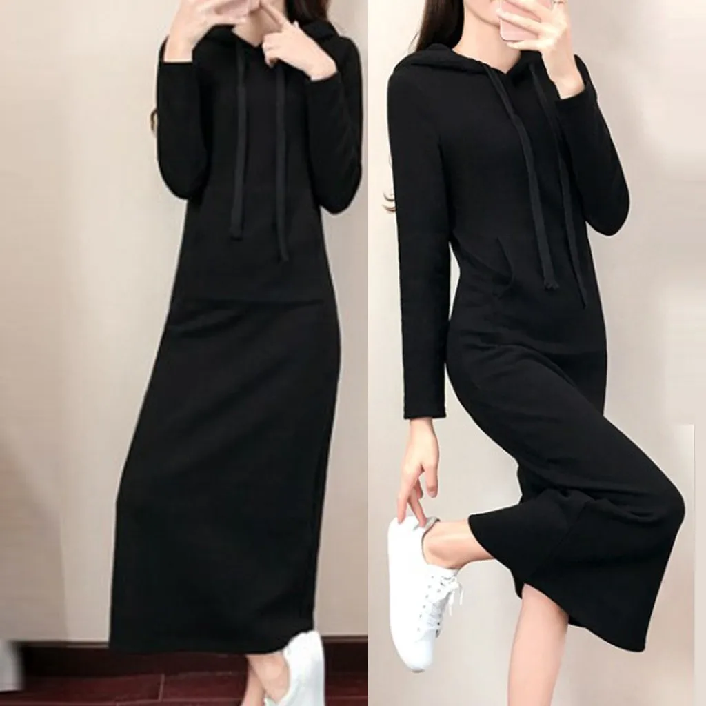 

Black Casual Long Sleeve Dress vestido Women Leisure Autumn Solid Color Fashion O-Neck Hoodie Full Pure Color Dress sukienki #C8