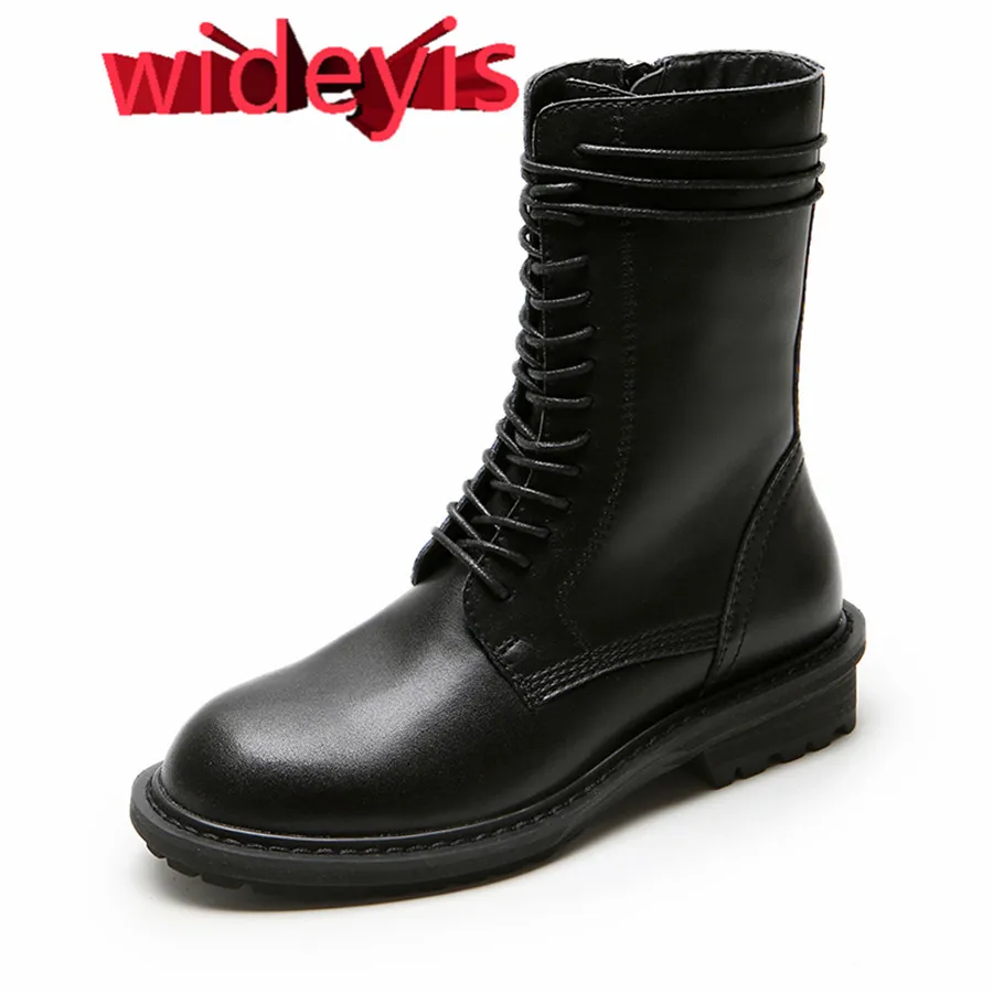 

Shoes woman WIDEYIS Genuine Leather boots women Block Heel cross straps sleek minimalist thin Nappa Leather 2019 new winter boot