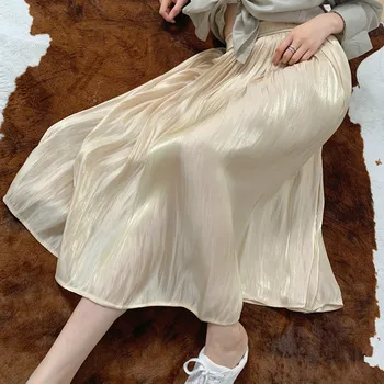 

Yeeloca Pleated Satin Skirt Female Casual Solid A-line Mid-calf Empire Saias Summer Women Elegant Korean Long Skirt