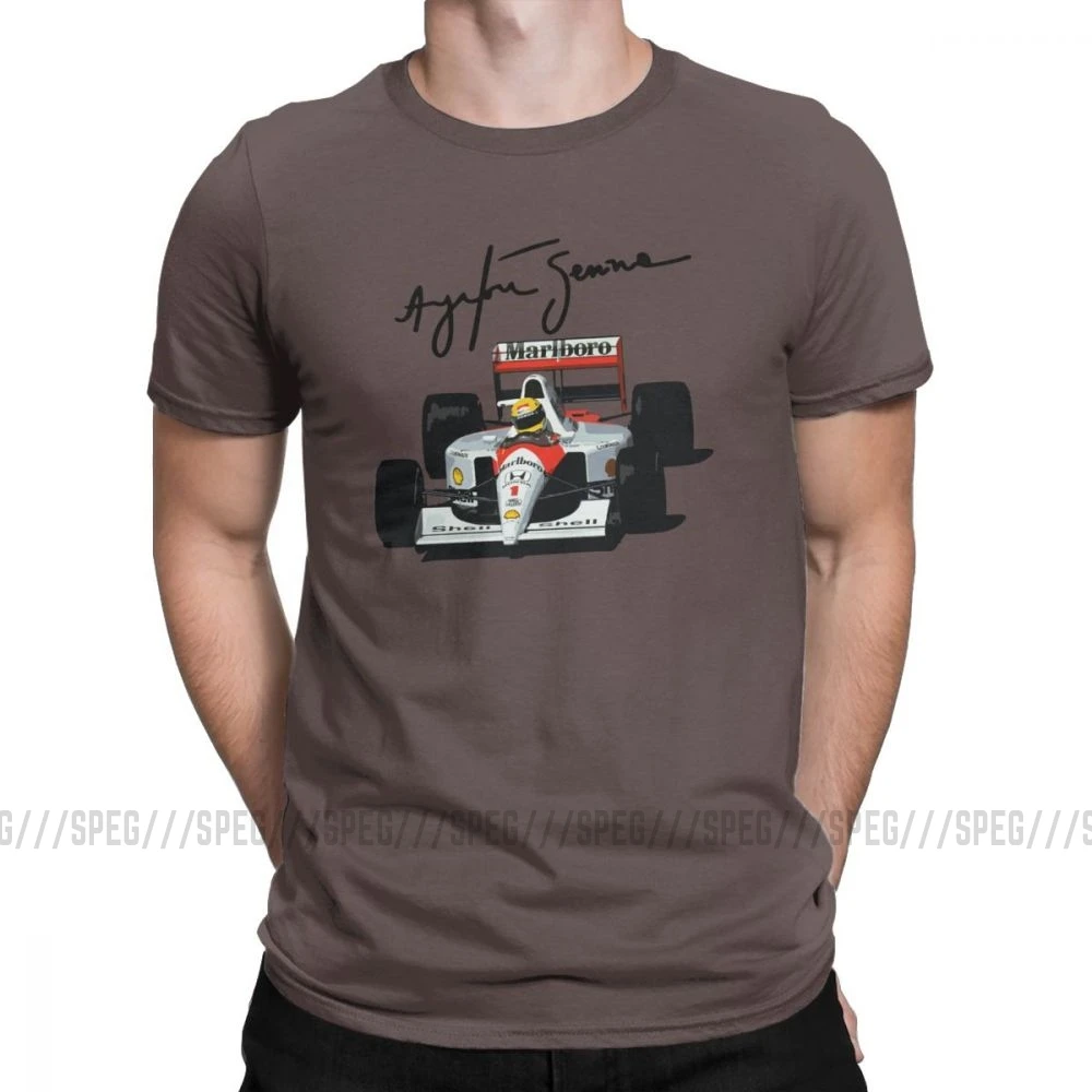 Ayrton Senna футболки для мужчин Винтаж Чистый хлопок футболка с круглым вырезом короткий рукав Футболка размера плюс топы для мужчин - Цвет: Коричневый