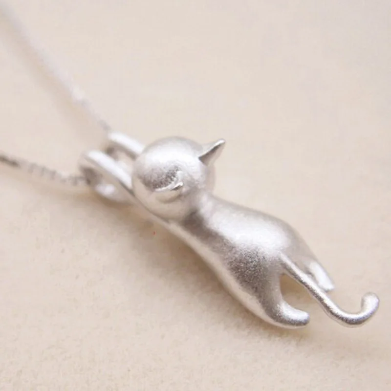 

S925 Fine Silver Small Animal Cat Necklace Women's Pendant/Celebrity Style Cat Ear Stud/Sweet Birthday Gift