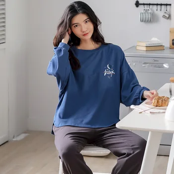 

MELIFLE 100% Cotton Fashion Women's Pajamas Set Solid Long Sleeve O-Neck Loose Leisure Sleepwear Print Homewear Mujer Nightie