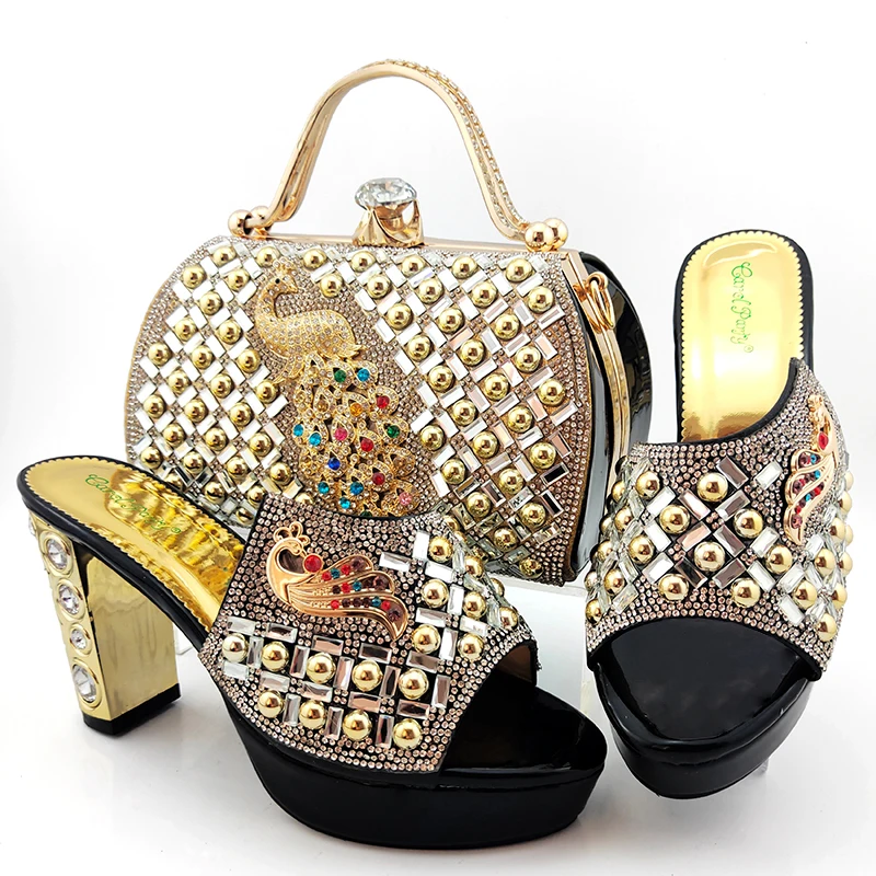 

Shoes bag set in black color with many stones bling shinning party shoes and bag for 2020 Christmas party nigeria SB8469-8