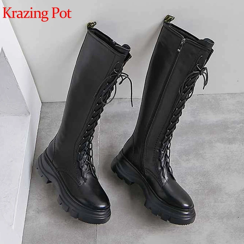 

krazing pot solid cow leather platform lace up casual round toe thick bottom warm brand gladiator preppy style long boots l12