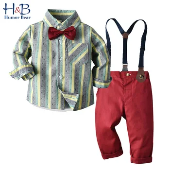 

Humor Bear Boys Clothing Sets Children's Spring & Autumn Gentleman Stripes Long Sleeve Shirt +Strap Trousers + Bow Kids Clothes