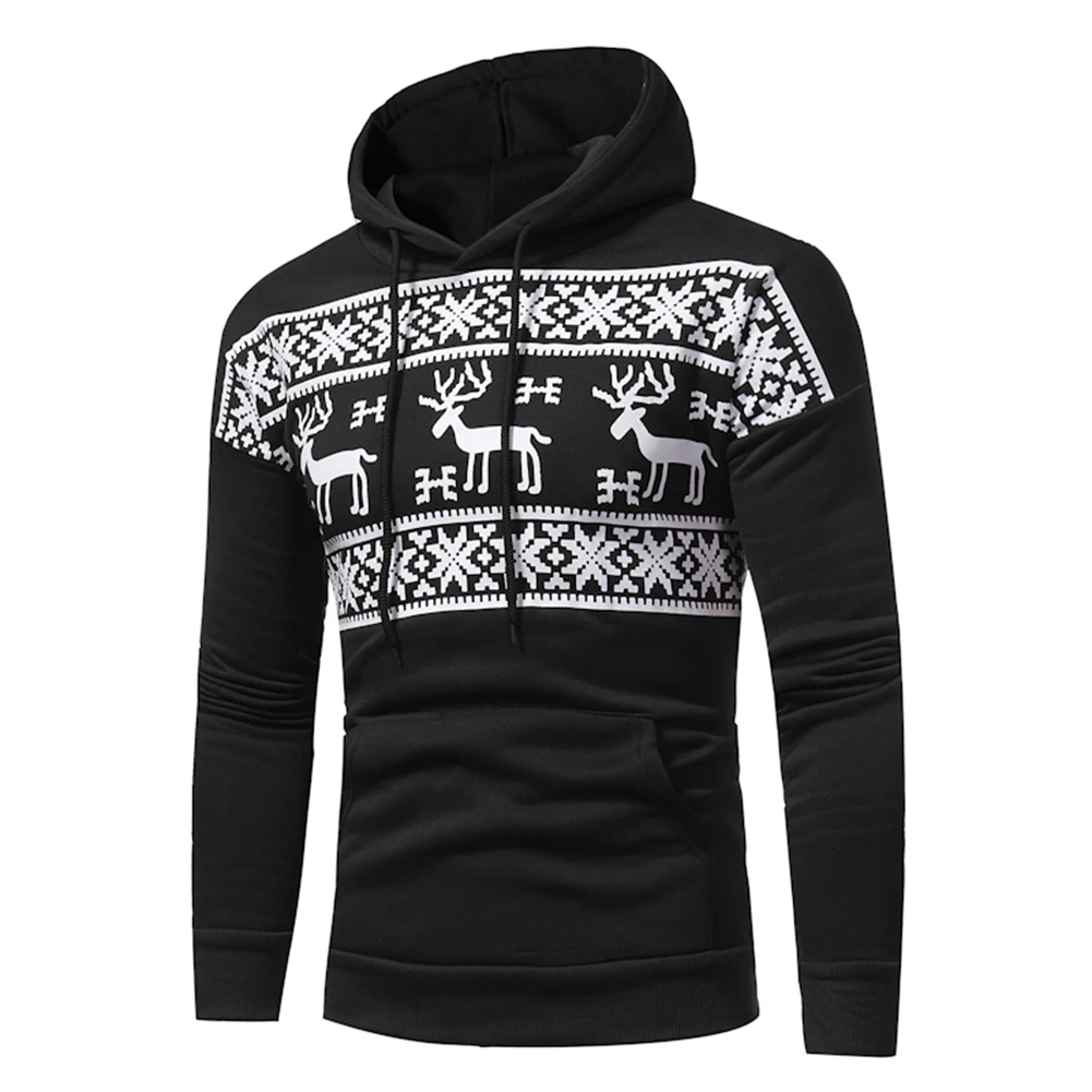 Casual Men Hoodies Sweatshirts Autumn Winter Christmas Reindeer Print Pocket Plus Size Hoodies Mens Pullover Hoodie Sweatshirts