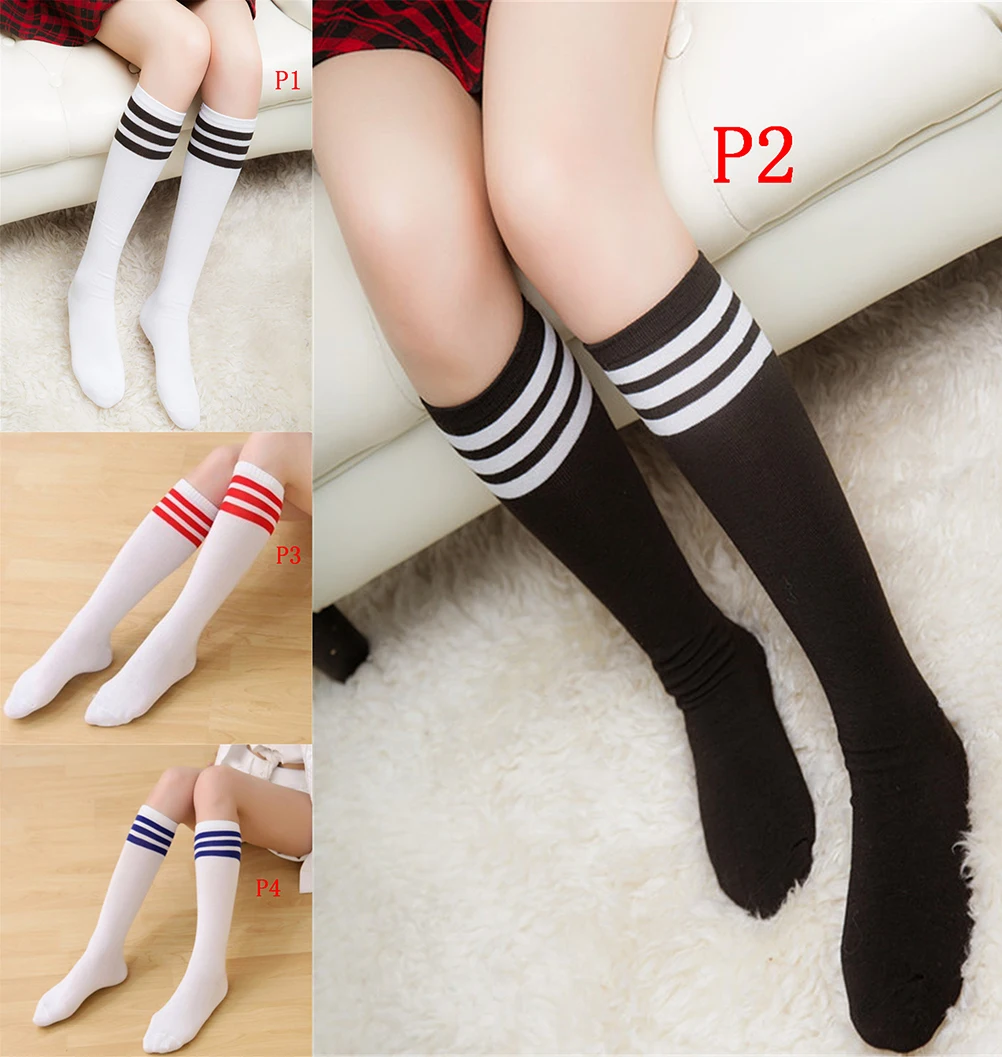

Cotton Ladies Knee High 3 Line Striped Cotton Socks Knee High Women Solid Socks School Party Cheerleader Supplies 4 Clour