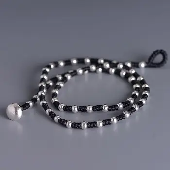 

S925 Silver Sterling Silver Craft Pendant Female Fashion Models hand-woven Rope Necklace Wax Silver Beads 4mm