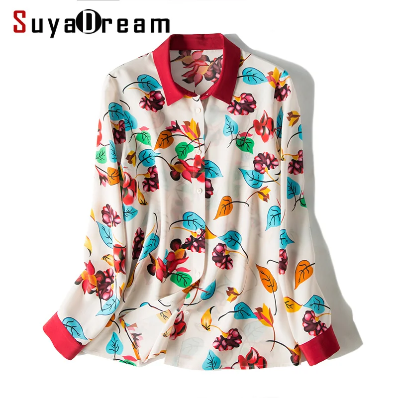SuyaDream Мужская рубашка с длинными рукавами и принтом шелковые блузки для женщин 100%