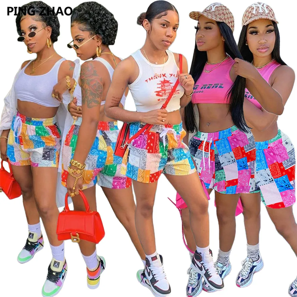 PING ZHAO-pantalones cortos con estampado de moda para mujer, Shorts holgados con cordón en la cintura, informales, de retazos y cintura media