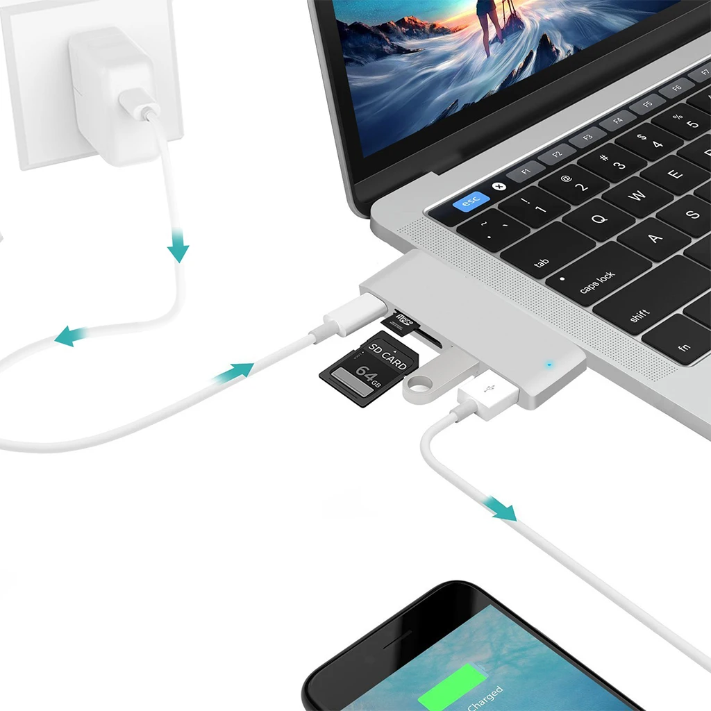 Дешево 5 в 1 высокоскоростной font b USB b font C 3,1 type C концентратор питания PD power font b USB b font 3,0 комбо разветвитель SD TF кардридер для MacBook 12 дюймов Dell