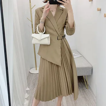 

Blazer Dress Women Suit Jacket Long Sleeve Pleated Midi Dresses Fashion Spring Autumn Ladies Office Work Wear Elegant Clothes