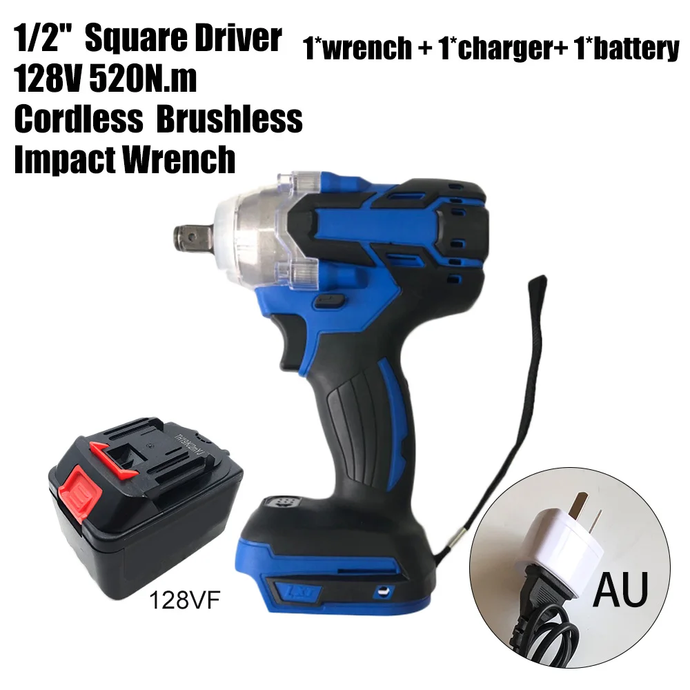 

128V 1/2inch 520Nm Ratchet Cordless Brushless Impact Wrench With Li-ion Battery US/UK/EU/AU 3600 RPM Multi Tools