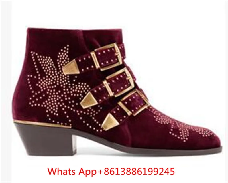 Susanna/ботильоны с шипами; женские кожаные ботинки; Botas Mujer; бархатные Ботинки Martin с круглым носком и заклепками; Bota Feminina; zapatos mujer - Color: as pic