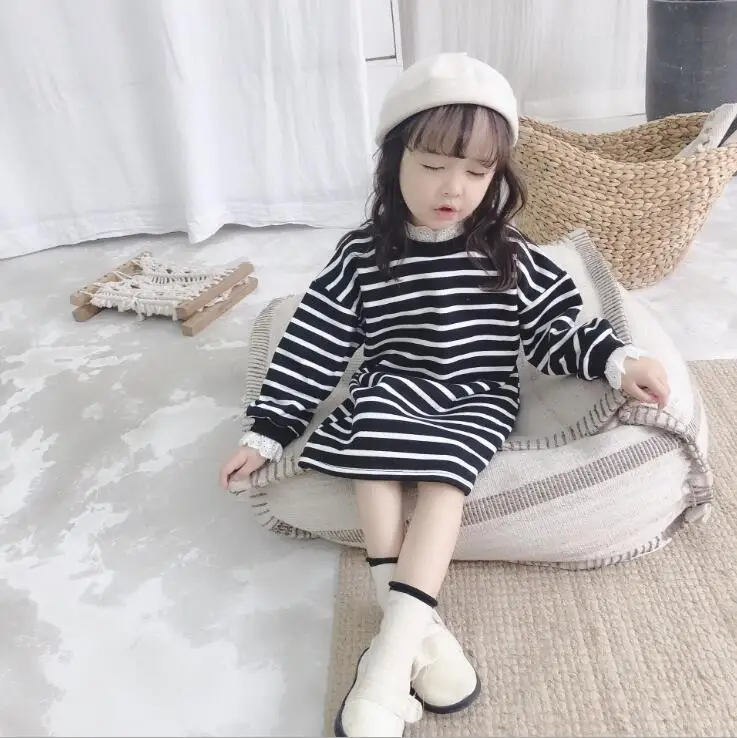 Платье в полоску для девочек в Корейском стиле осенние модные платья с длинными рукавами для девочек 1-6 лет