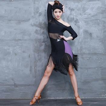

New Latin Dance Costume Female Adult Sexy Mesh Shirt Tassel Skirt For Women Ballroom Samba Practice Dance Clothing S-XXL DL5050