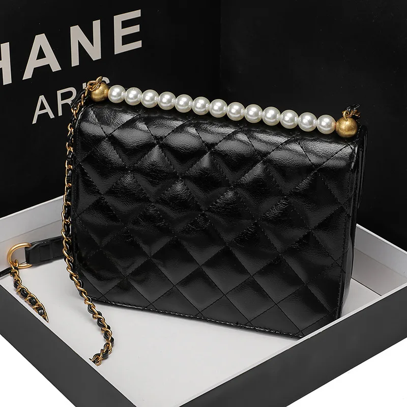 

2019 Spring And Summer New Casual-Rhombus Pearl Bag with Chain WOMEN'S Leather Bags One-Shoulder Oblique Fashion Casual Square S