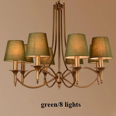 8 lights green Американские бронзовые металлические светодиодные люстры, тканевые Абажуры для гостиной, светодиодные подвесные люстры, подвесные светильники - Цвет абажура: 8 lights green