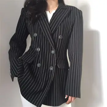 

2019 Office Ladies Striped Blazers Women Streetwear Double-Breasted Suit Jacket Casual Blazer Notched Jacket Loose Coat