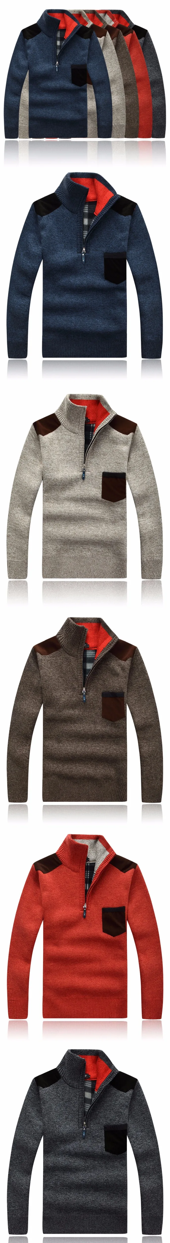 Шерстяной мужской свитер кашемировый толстый свитер мужской модный свитер нагрудный карман стоячий воротник молния ArmyGreen пуловер Мужской