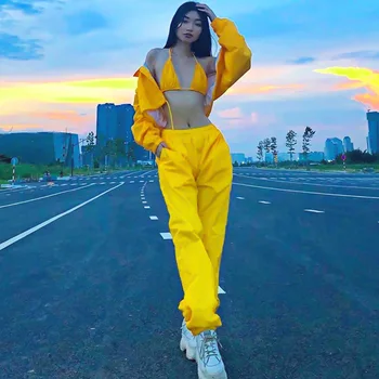 

Sexy Cool Women Jogger Set Three Piece Set Sportwear Jacket Camis Bra Top Pants Autumn Winter Women Hip Hop Suit