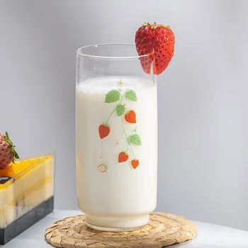 

Korean Ins Cute Strawberry Glass Creative Transparent Heat Resistant Straight Milk Cup Breakfast Juice Mug Coffee Ice Latte Cups