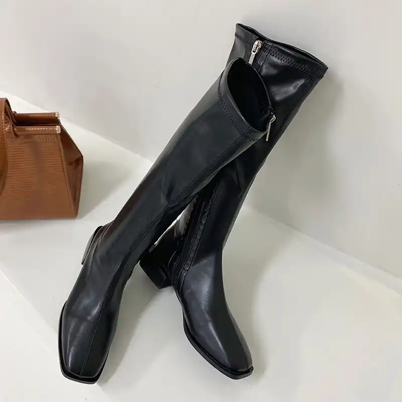 秋ファッション女性ニーハイブーツの女性の乗馬のオートバイのブーツ冬の靴の女性スクエアトゥチャンキーヒール女性靴下ブーツ ニーハイブーツ Aliexpress