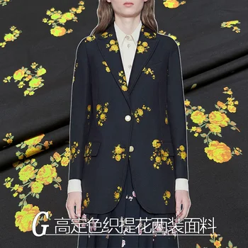 

100x150cm Small Yellow Flower Print Polyester Brocade Jacquard Fabric for Woman Autumn Winter Dress Windbreaker Coat DIY Sewing