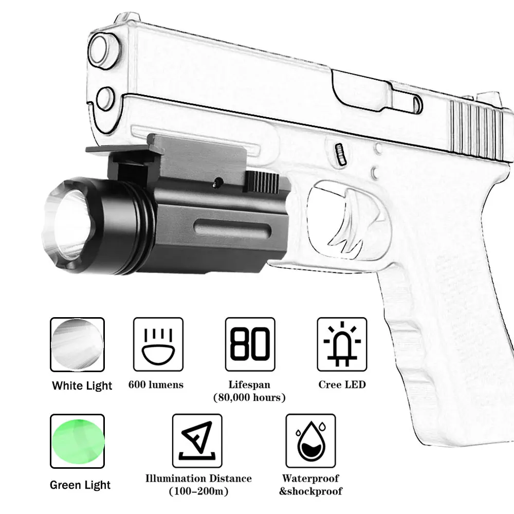 

Airsoft Pistol Gun Light QD Tactical White Green LED Flashlight Quick Detach Handgun Light Torch for 20mm Rail Glock 17 19 18C