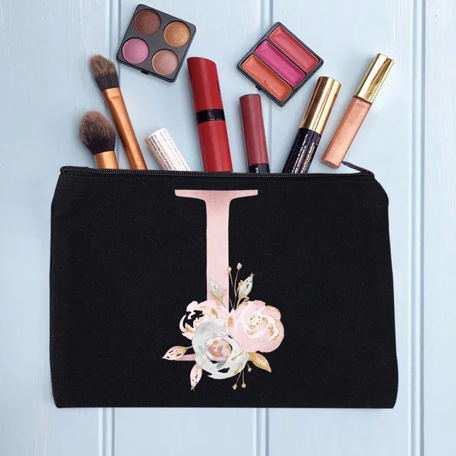 Women's Cosmetic Makeup Bags Female Organizer Pink Flower 26 Letters School Pencil Cases Carrying Bag for Coin Purse pink flower I