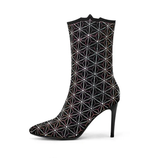 Черный bling brand women winter boots genuine leather high heel stiletto big size black shoes rhinestone pointed toe 10 diamond sparkly - Цвет: Черный