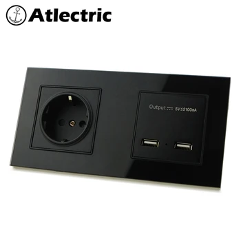 

Atlectric DE EU Standard Plug Socket Dual USB Charging Port Wall Socket Double Power Outlet Glass Panel With LED Indicator