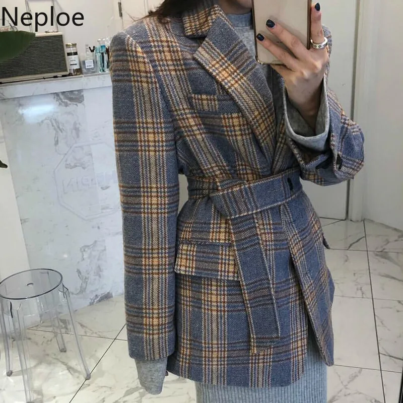 Neploe шикарный клетчатый полосатый однобортный OL Стиль Блейзер Feminino тонкая талия на шнуровке отложной воротник длинный рукав пальто с поясом