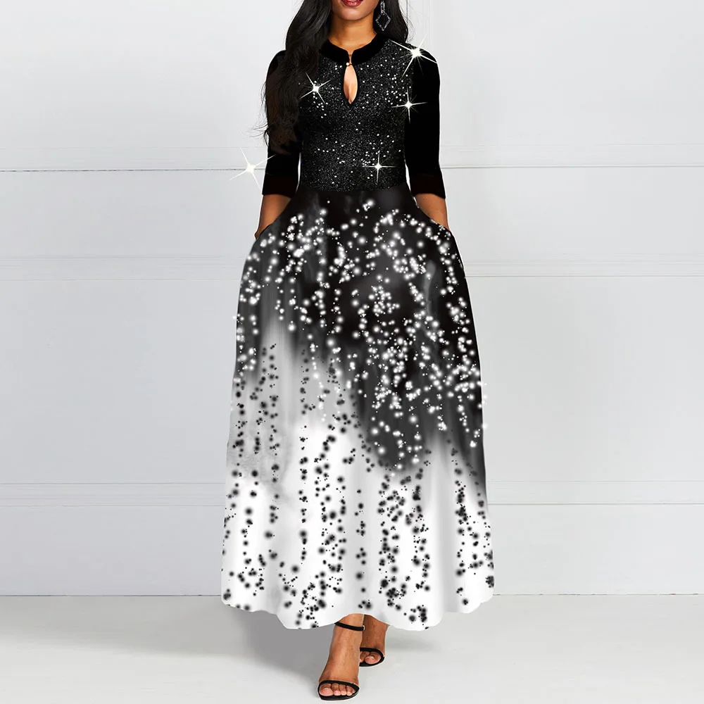 

Women Vintage Gradient Black Summer Dress Color Block Pocket A Line Sequins Party Long Dress Office Ladies Swing Retro Vestidos