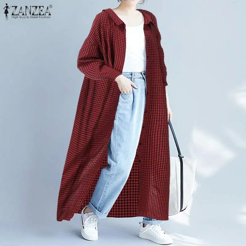 ZANZEA, Женский клетчатый длинный кардиган, осень, для офиса, для девушек, хлопок, лен, рубашка в клетку, блузка, повседневная, с отворотом, на пуговицах, туника, топы, блузы