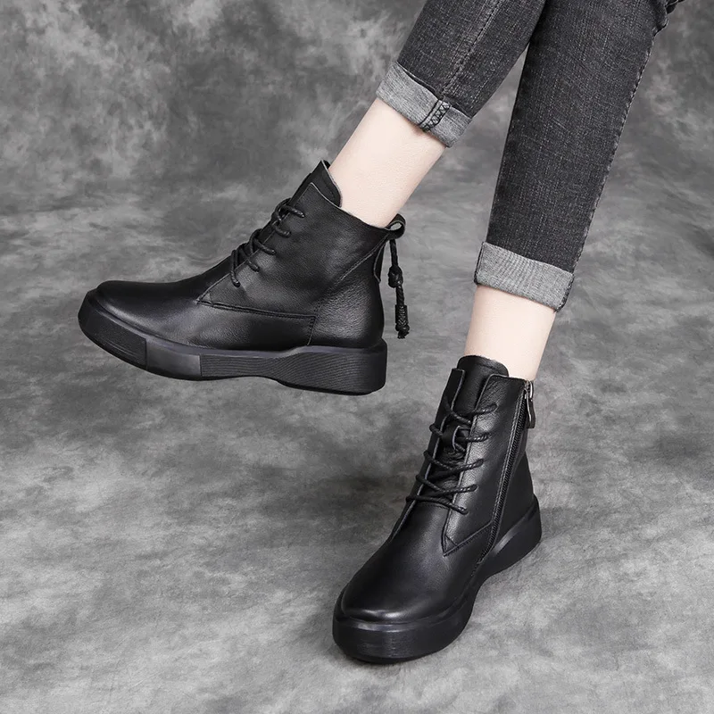 

Handmade Leather Martin Boots Women 2019 Autumn New Leather Women's Short Boots Soft Bottom Casual Lace Up Boots
