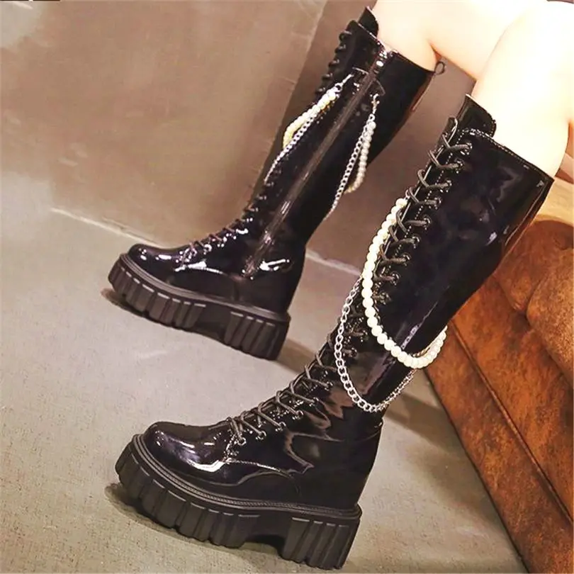 

Increasing Height Military Shoes Women Patent Leather Platform Wedge Knee Boots High Heels Oxfords Pumps 34 35 36 37 38 39