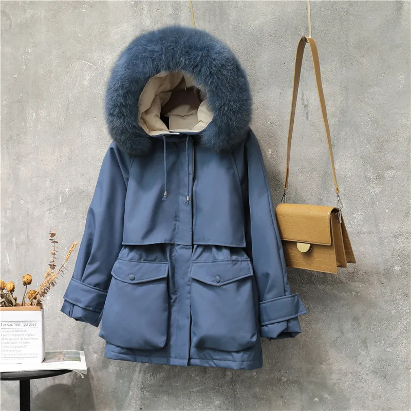 Blue OMCHION роскошное зимнее пальто с капюшоном и воротником из лисьего меха женская парка 90% белый пуховик на утином пуху белая Толстая теплая тонкая верхняя одежда LRM03 - Color: Blue