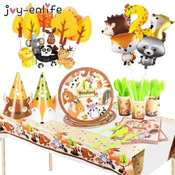 

Animals Woodland Tableware Jungle Safari Party Decor Happy 1st Birthday Party Decoration Kids Baby Shower Woodland Animal supply