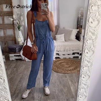 

Free Ostrich 2020 New Lady Blue Denim Overalls Jumpsuit Rompers Belted Pocket Women Casual Fashion Female Pants Hot N30
