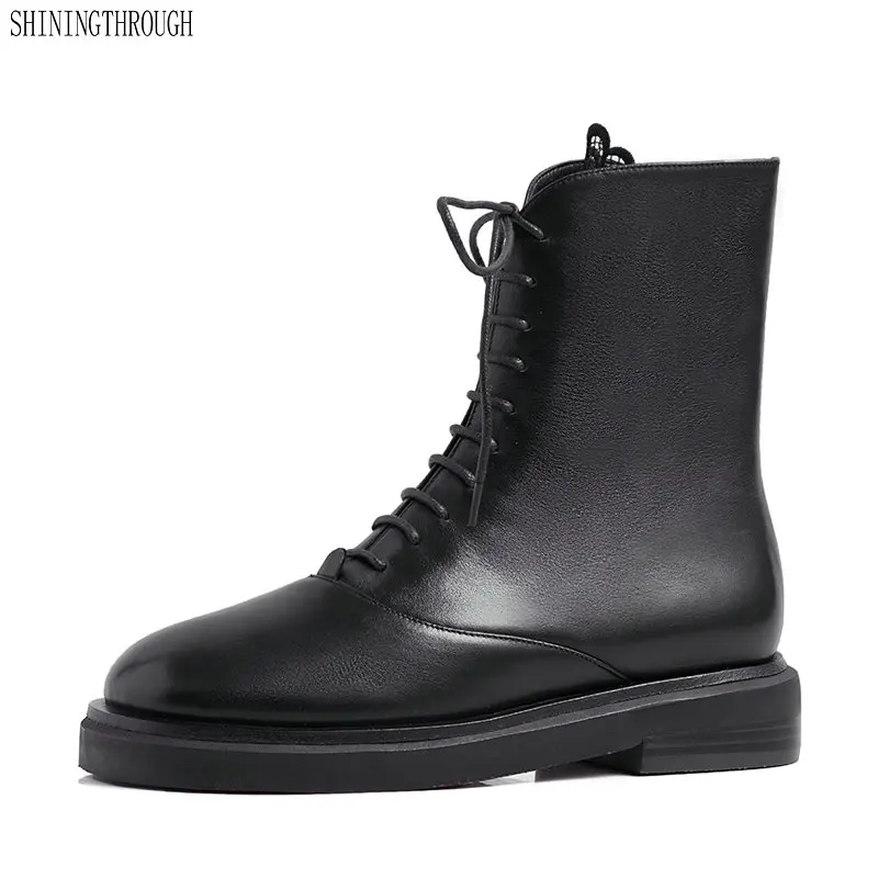 

Women Ankle Boots Genuine Leather Cross-tied Female Autumn Winter Riding Boots square Toe Punk Casual Shoes Woman