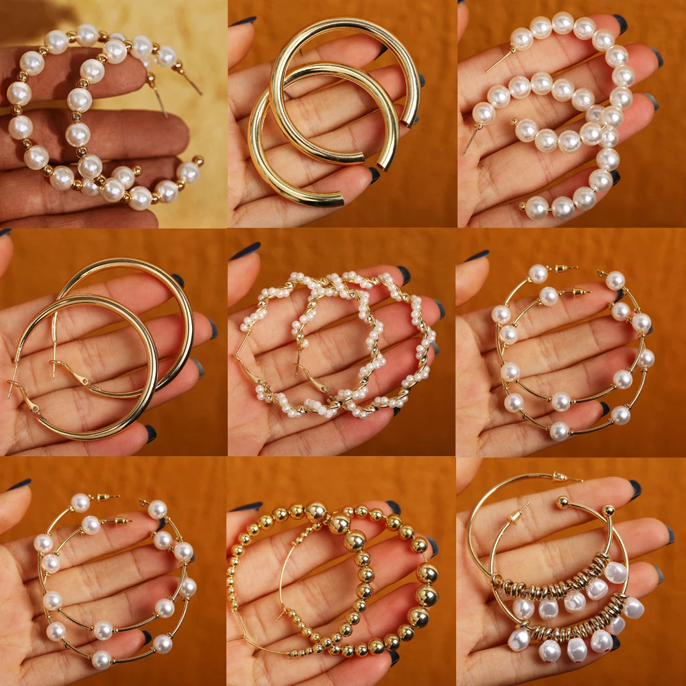 New Vintage Oversize Pearl Earrings For Women Girls Brinco Big Hoop Circle Earring Statement Geometric Fashion Jewelry | Украшения и