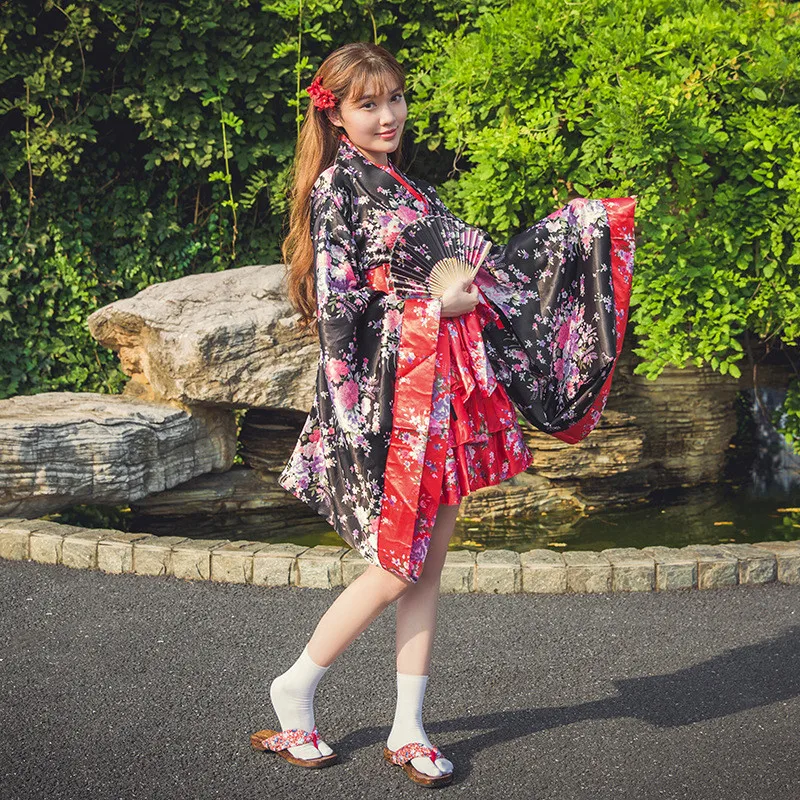 

National Women Sakura Print Kimono With Obi Novelty Lolita Dress Japanese Cosplay Costume Maid Kimono Halloween Fancy Dress