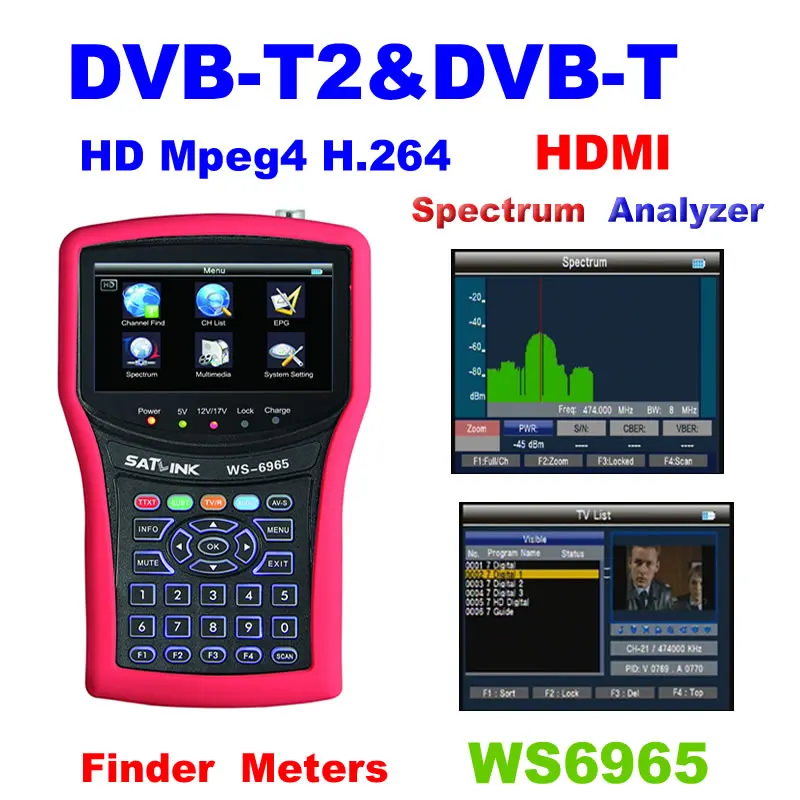 SATLINK WS-6965 DVB-T2 наземного сигнала Finder метр MPEG-2 MPEG4 H.264 сел найти 4 3 дюймов ЖК-дисплей