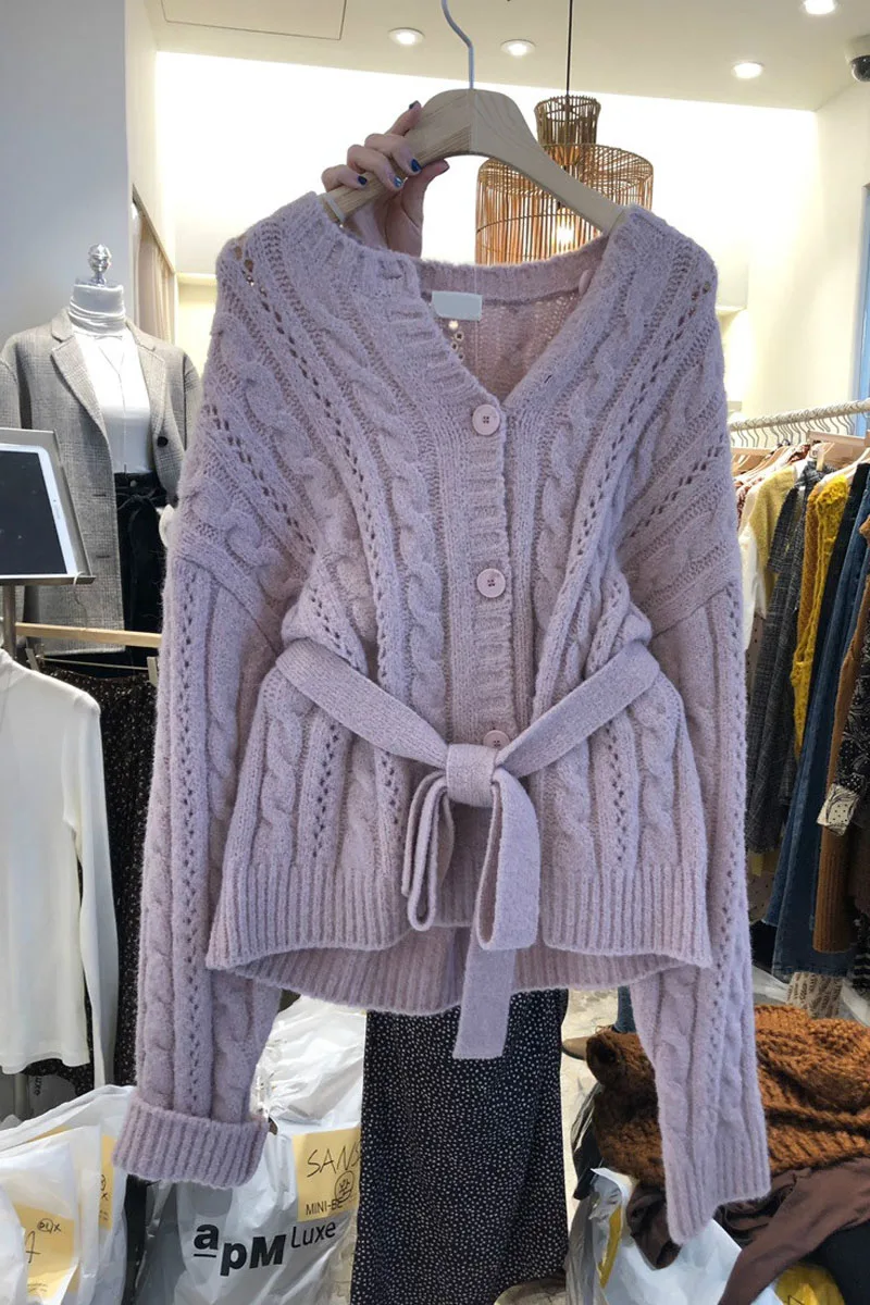 

2019 Autumn & Winter Korea Version Female Sweater Cardigan Fashion Women Belt-Open-Front Knitted Casual Loose Cardigan