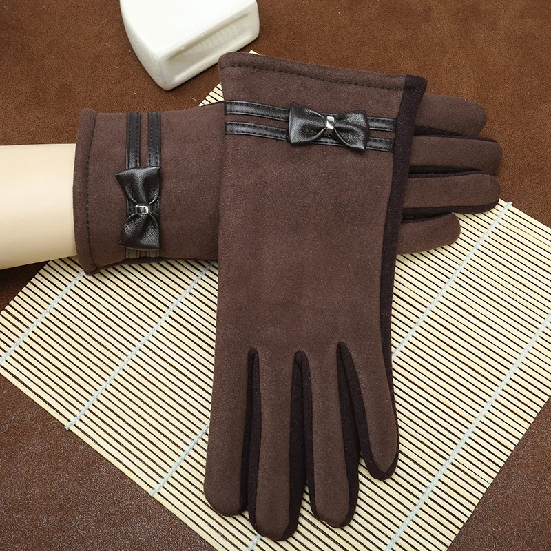 Touch Gloves Plus Velvet Warm Gloves Suede WOMEN'S Bow Riding Spring And Autumn And Winter Gloves - Цвет: Темно-коричневый