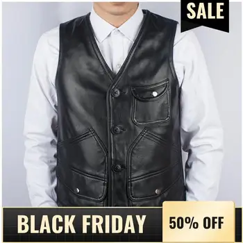 

2020 Black Men Japan Style Slim Fit Leather Vest Plus Size 5XL Genuine Cowhide Spring Short Fashion Single Breasted Leather Vest